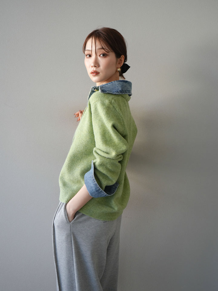 [予約]デニム襟ボタンニットカーディガン/pistachio