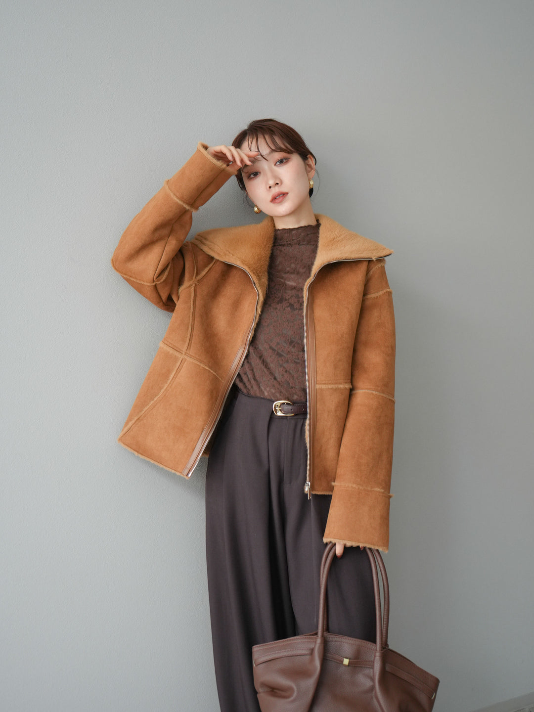 [予約]スタンドカラームートンZIPジャケット/camel