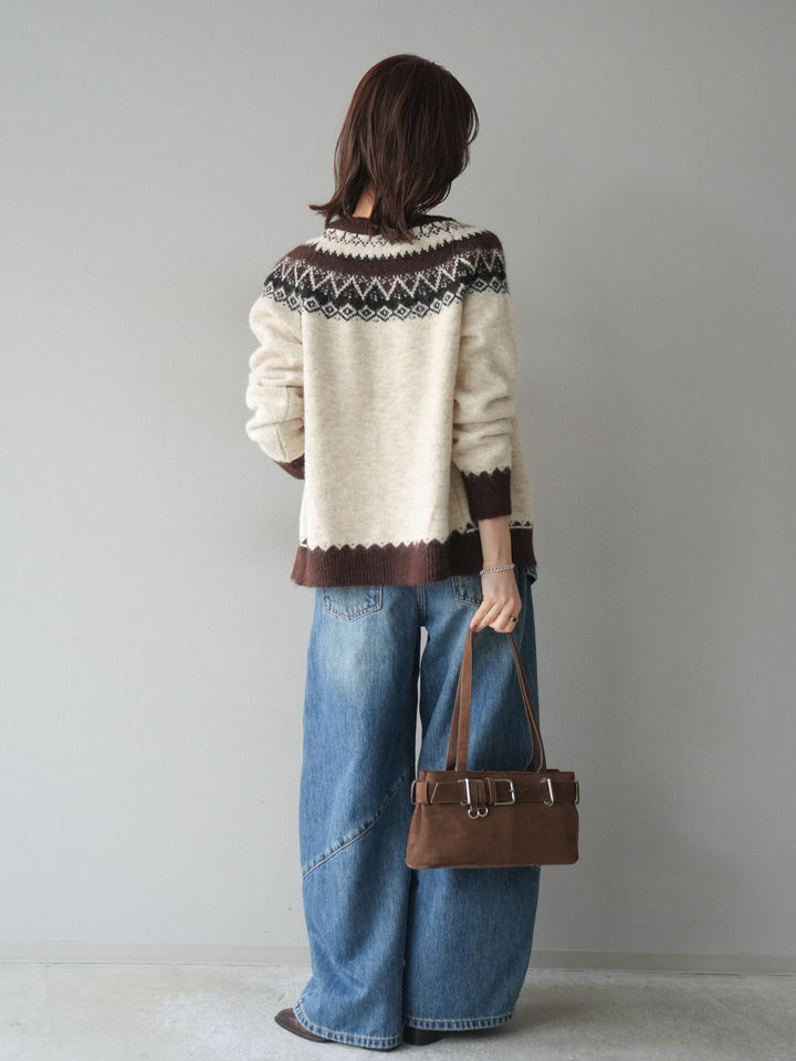[SET]ノルディック柄ニットカーディガン+ペインターカーブデニムパンツ(2set)