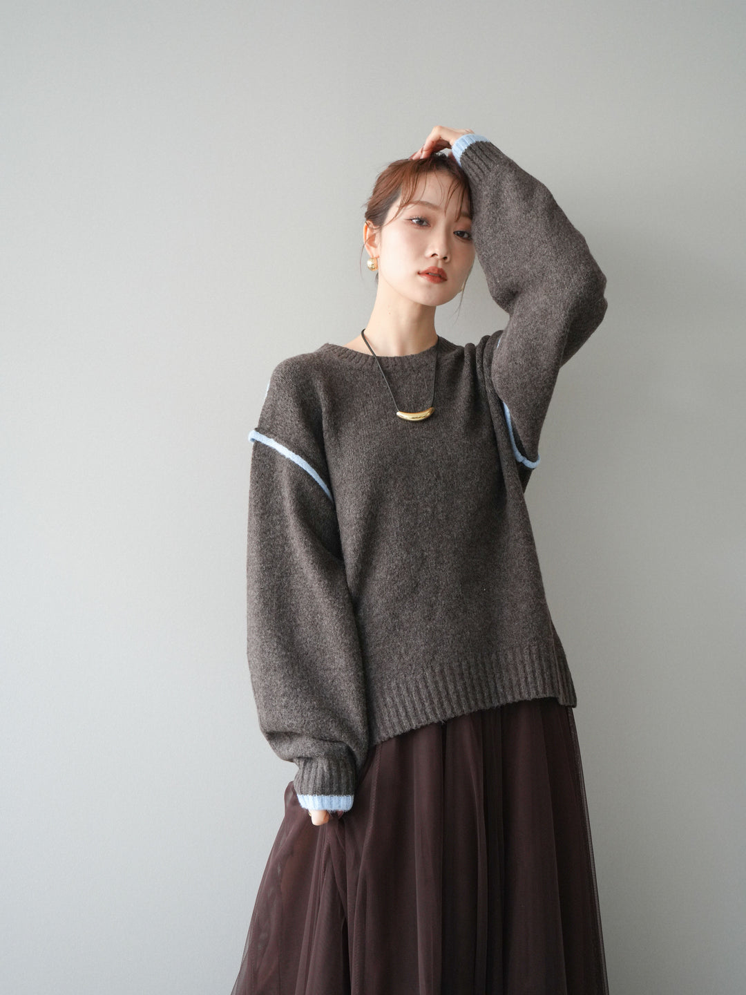 [予約]バイカラーパイピングニットプルオーバー/brown