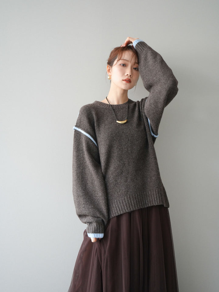 [予約]バイカラーパイピングニットプルオーバー/brown