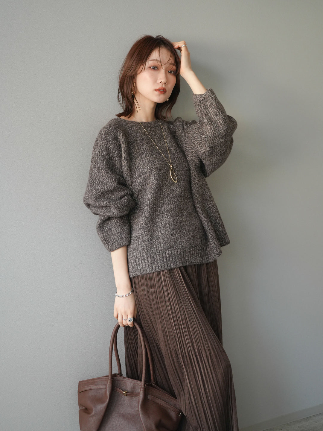 [予約]クルーネック畦編みミックスニット/brown