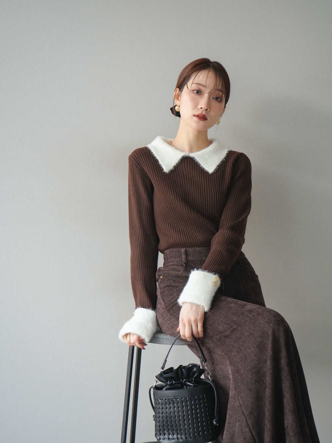 [SET]シャギー襟リブニットトップス+ベルベットマーメイドスカート(2set)