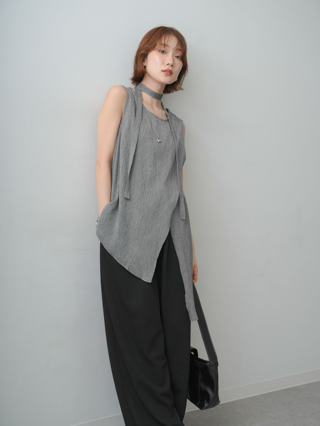 [SET]タイ付アシメヘムノースリトップス+リラックスドレープスウェットパンツ(2set)
