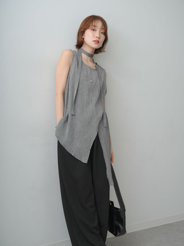 [SET]タイ付アシメヘムノースリトップス+リラックスドレープスウェットパンツ(2set)