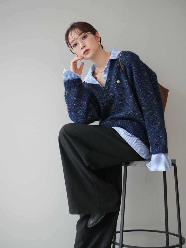 [予約]ストライプシャツドッキングMIXヤーンニットプルオーバー/navy