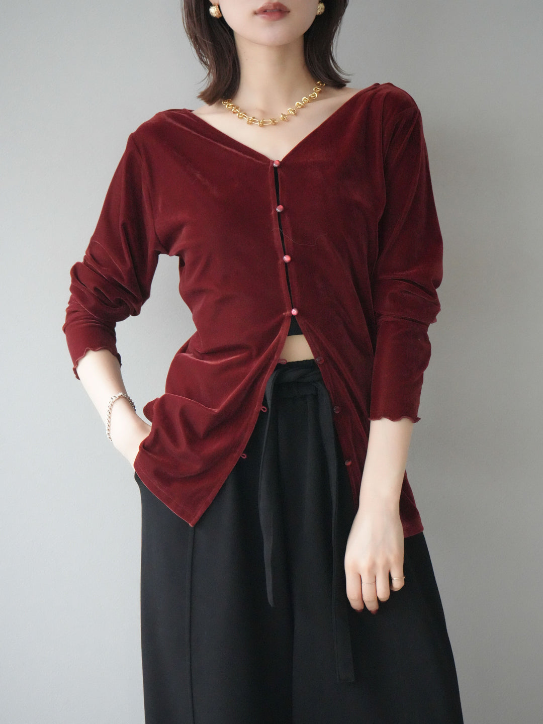 [予約]ベロアカーディガン/bordeaux