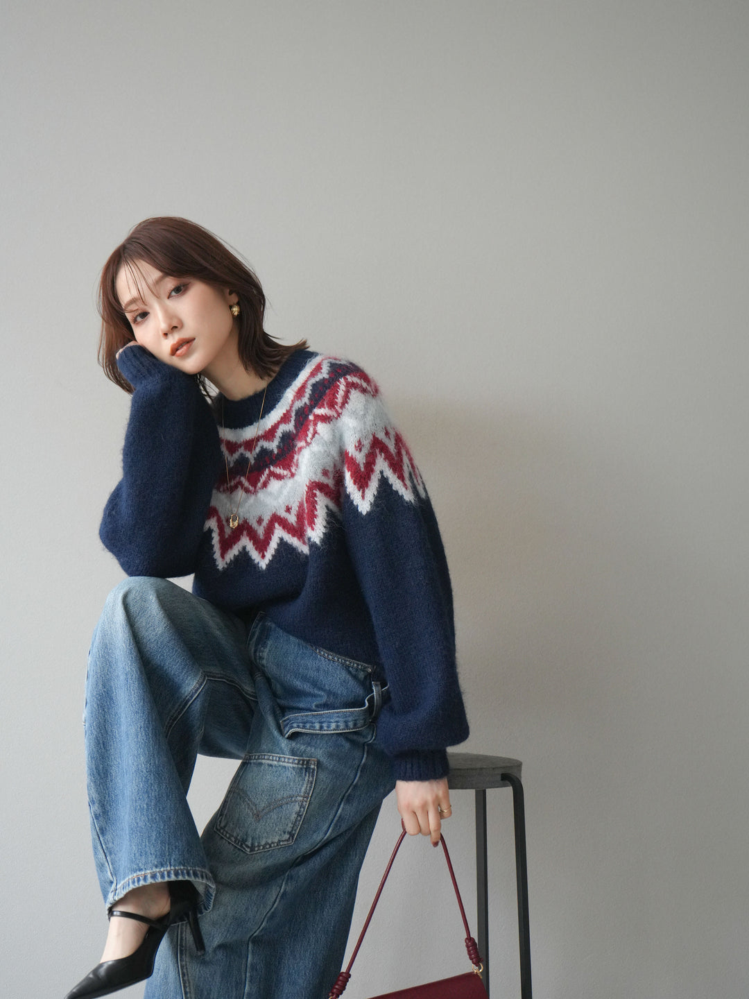 [SET]求心柄オーバーニットプルオーバー+ペインターカーブデニムパンツ(2set)