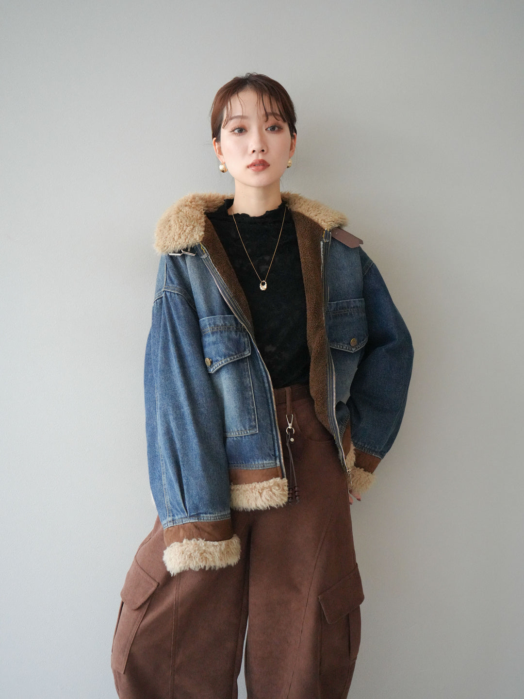 [予約]スタンドカラーファー×デニムジャケット/blue