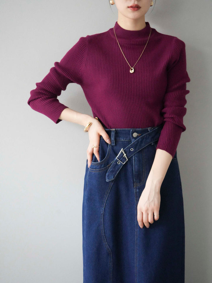 [預訂] 瓶頸式羅紋針織上衣/酒紅色