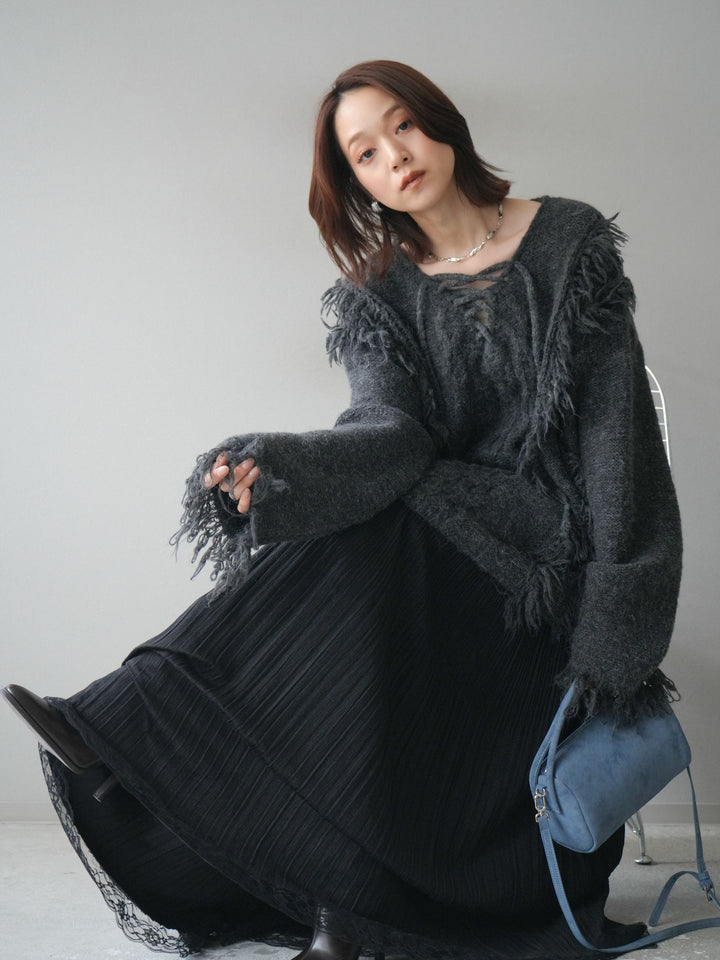 [予約]レースアップフリンジニットプルオーバー/gray