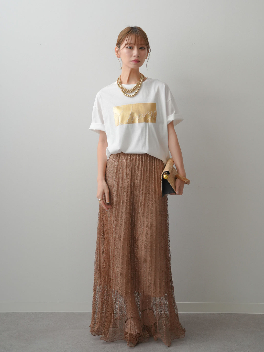 [SET]箔プリントボックスTEE+フローラルレースプリーツスカート(2set)