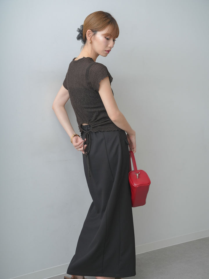 [SET]シャーリングシアーバックオープンフレンチトップス+クレープデシンフラップ付きストレートスカート(2set)