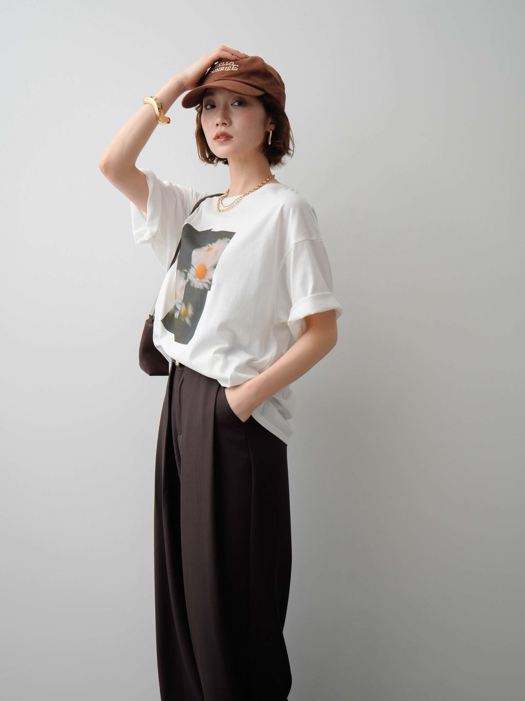 [SET]フラワーフォトTEE+ベルトループデザインワイドパンツ(2set)