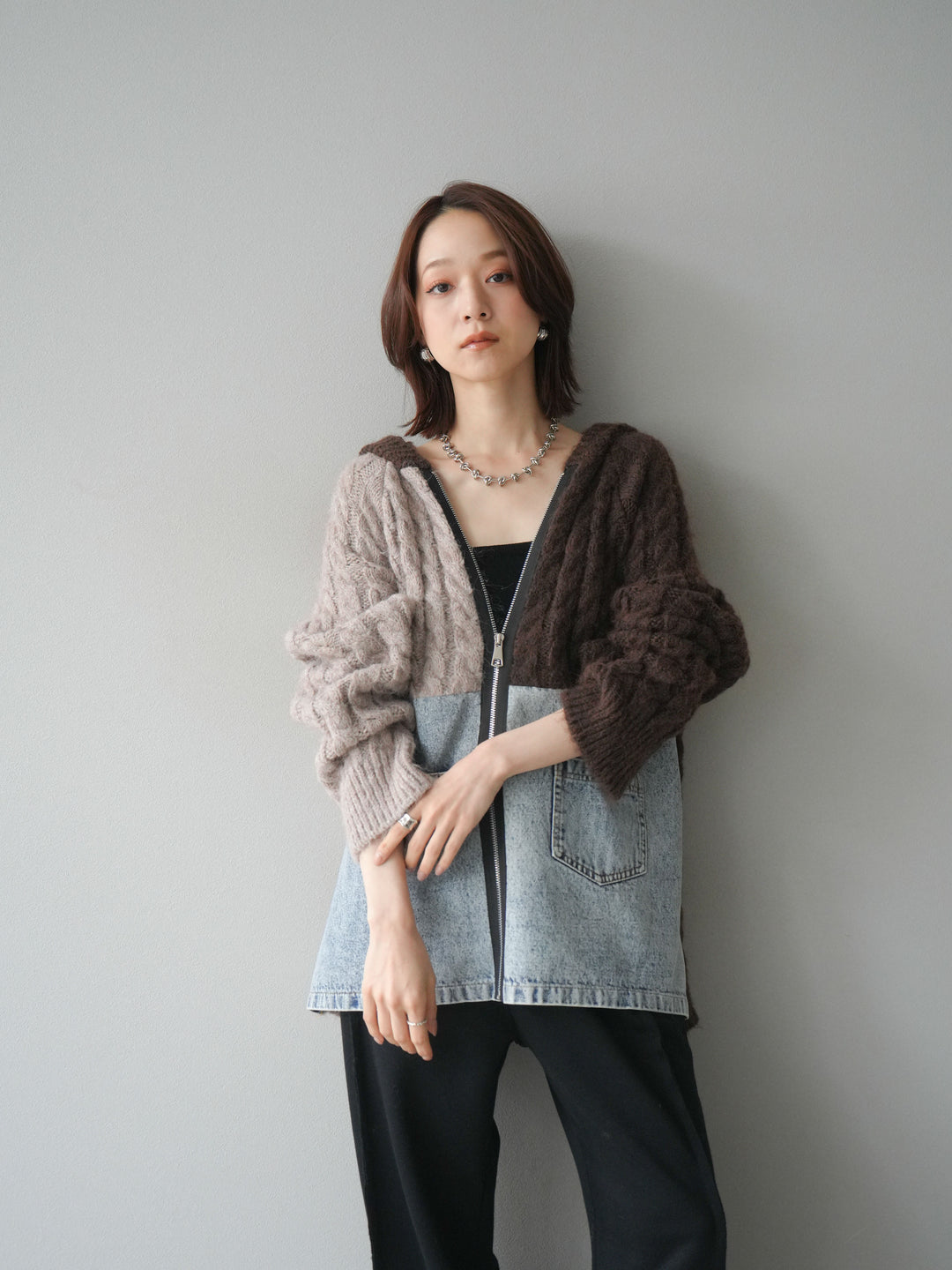 [予約]デニム×バイカラーニットZIPフーディ/brown