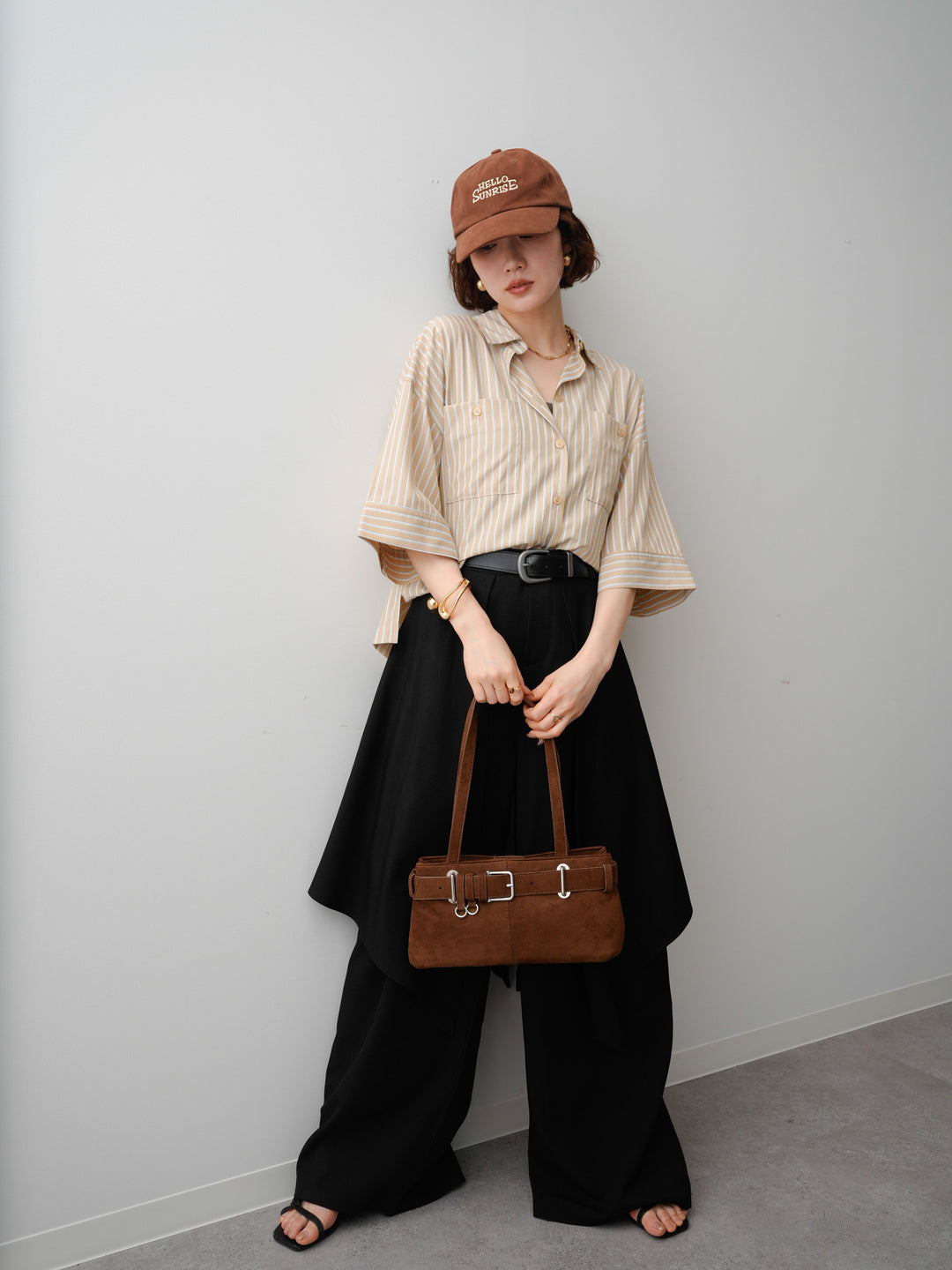 [予約]ストライプWポケットハーフシャツ/lightbeige