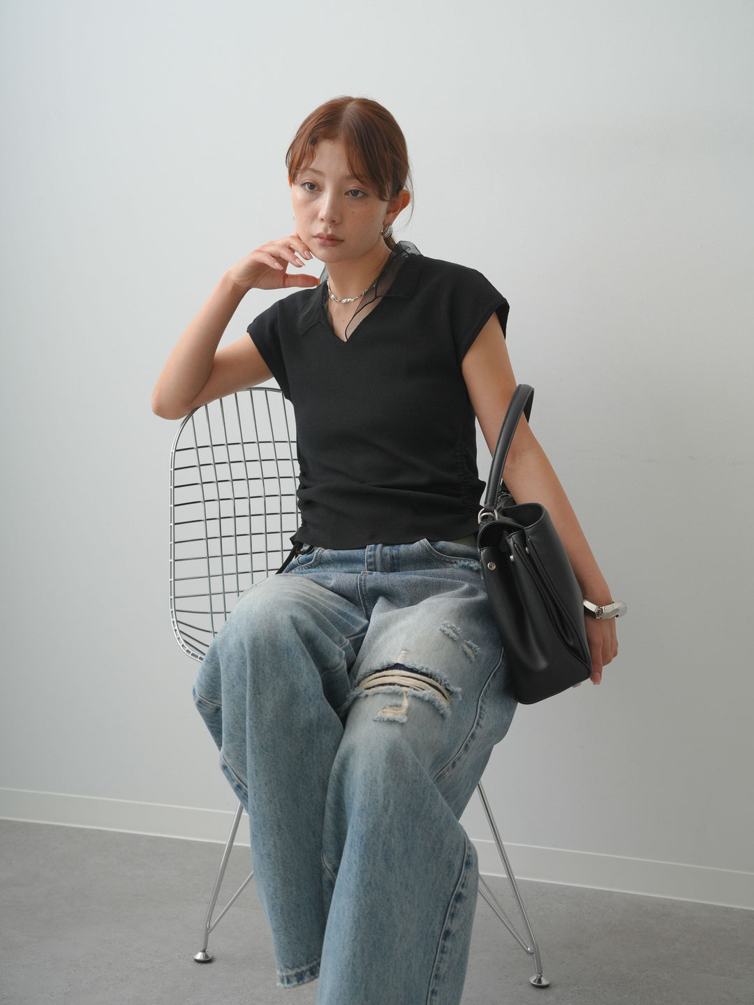 [SET]チュールカラーサイドギャザーフレンチニットトップス+ダメージデニムセミワイドパンツ(2set)