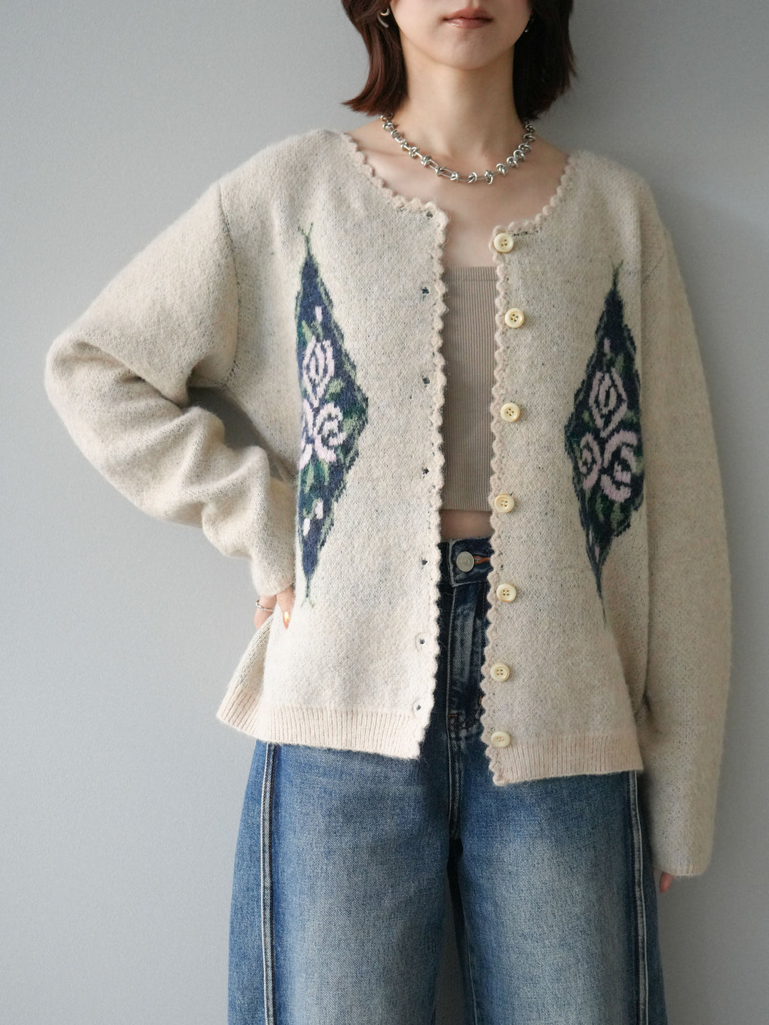 [予約]アンティークフラワージャガードニットカーディガン/ivory