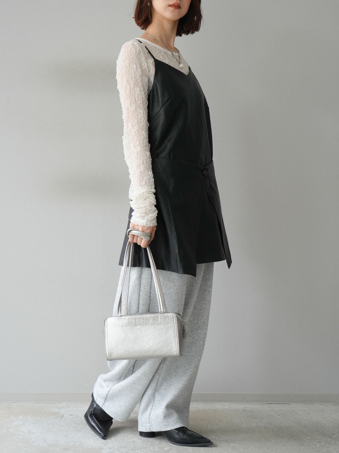 [予約]レイヤードレザーキャミソールチュニック/ブラック