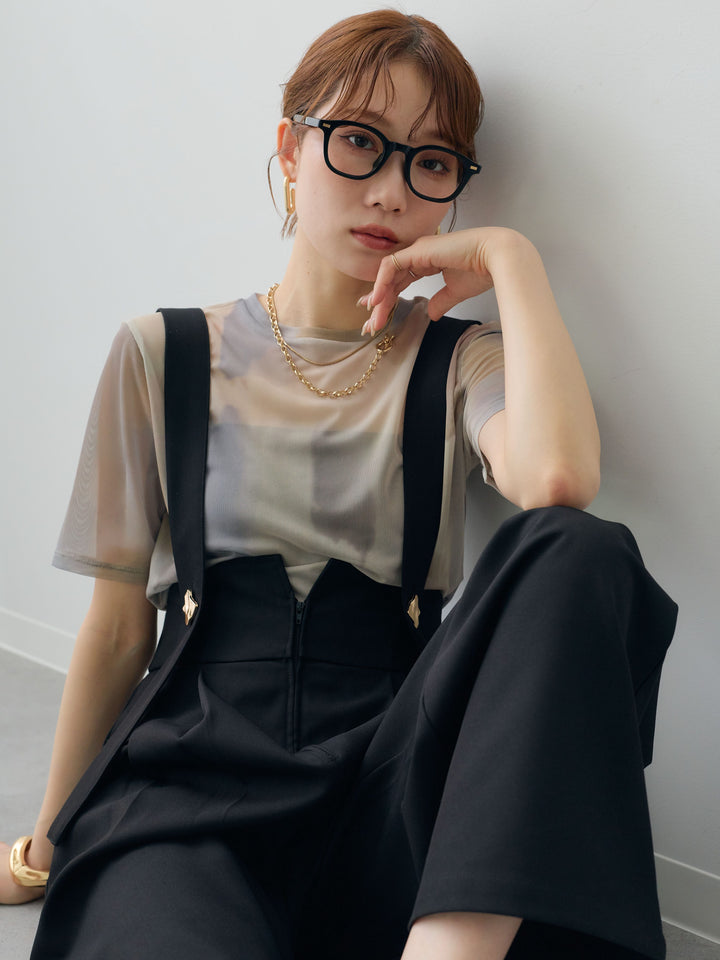 [SET]水彩アートシアーTシャツ+ゴールドボタンサスペンダーワイドパンツ(2set)