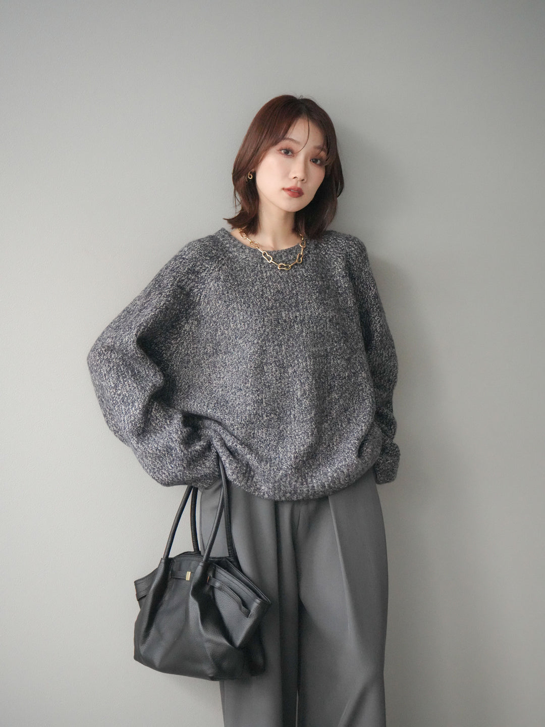 [予約]クルーネック畦編みミックスニット/navy