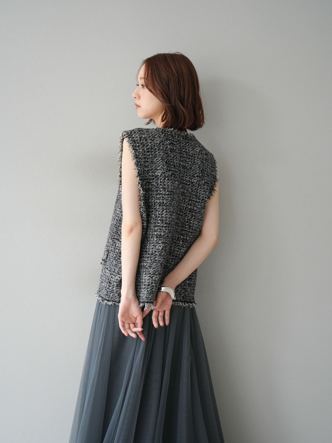 [予約]ミックスツイードフリンジニットベスト/ブラック