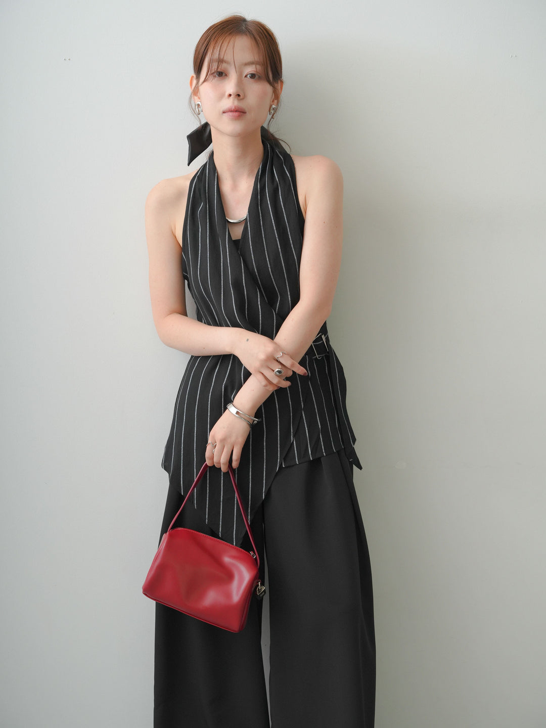 [SET]ストライプカシュクールジレ+クレープデシンタックワイドパンツ(2set)