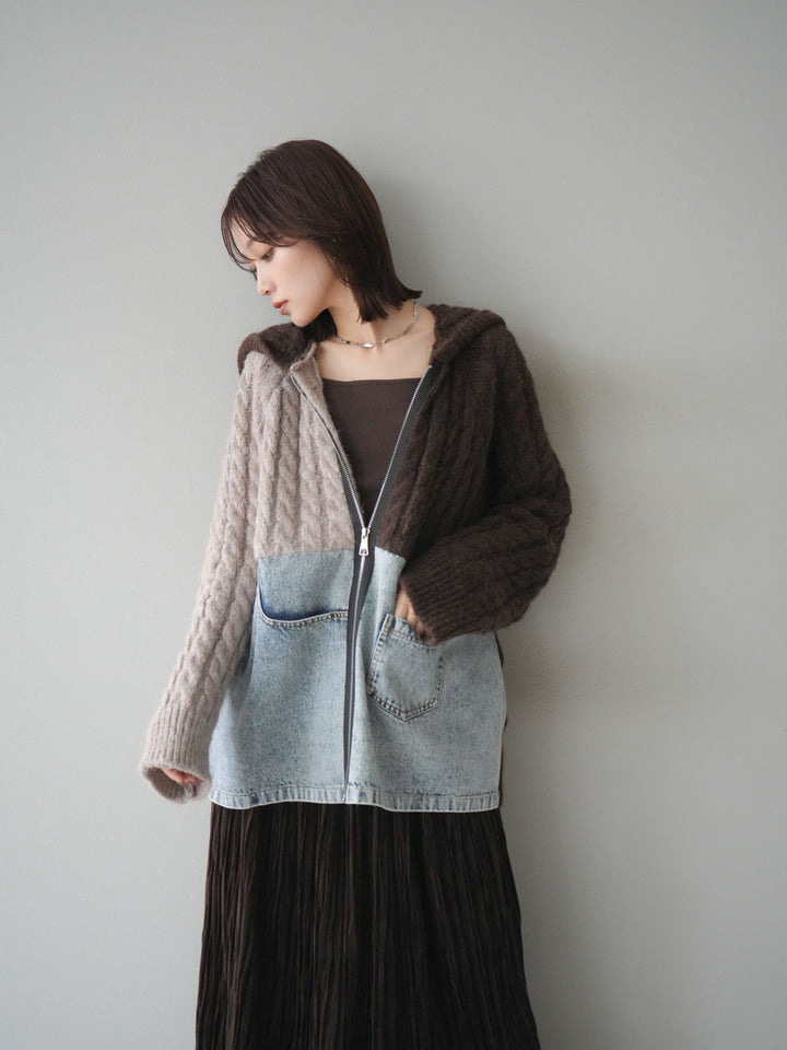 [予約]デニム×バイカラーニットZIPフーディ/brown