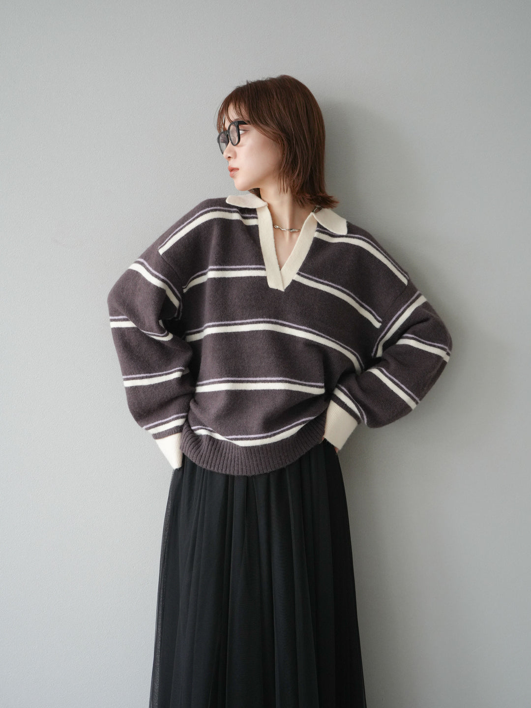[SET]ポロ襟スキッパーボーダーニットプルオーバー+チュールボリュームスカート(2set)