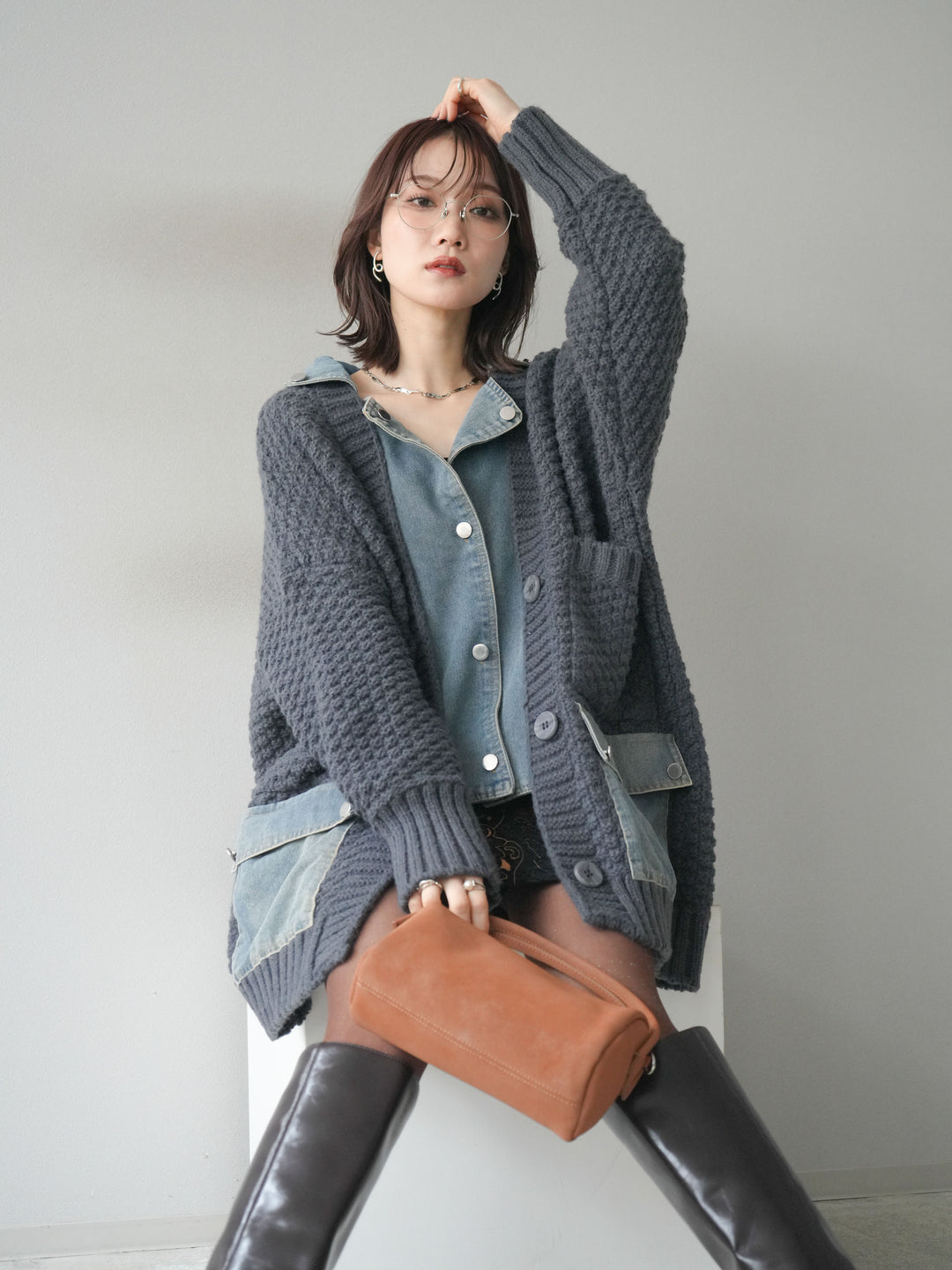 [予約]デニム襟レイヤードニットジャケット/gray