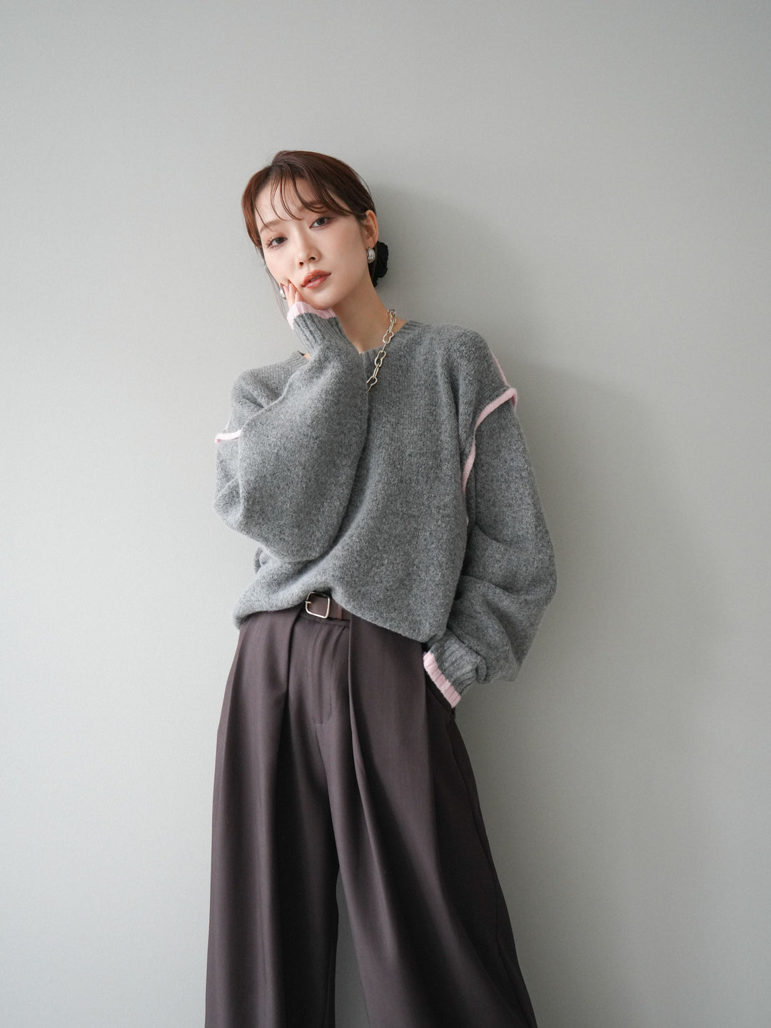 [予約]バイカラーパイピングニットプルオーバー/gray