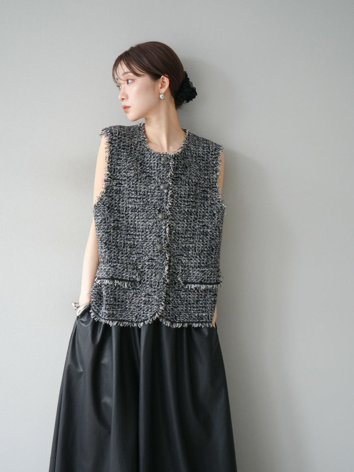 [予約]ミックスツイードフリンジニットベスト/ブラック