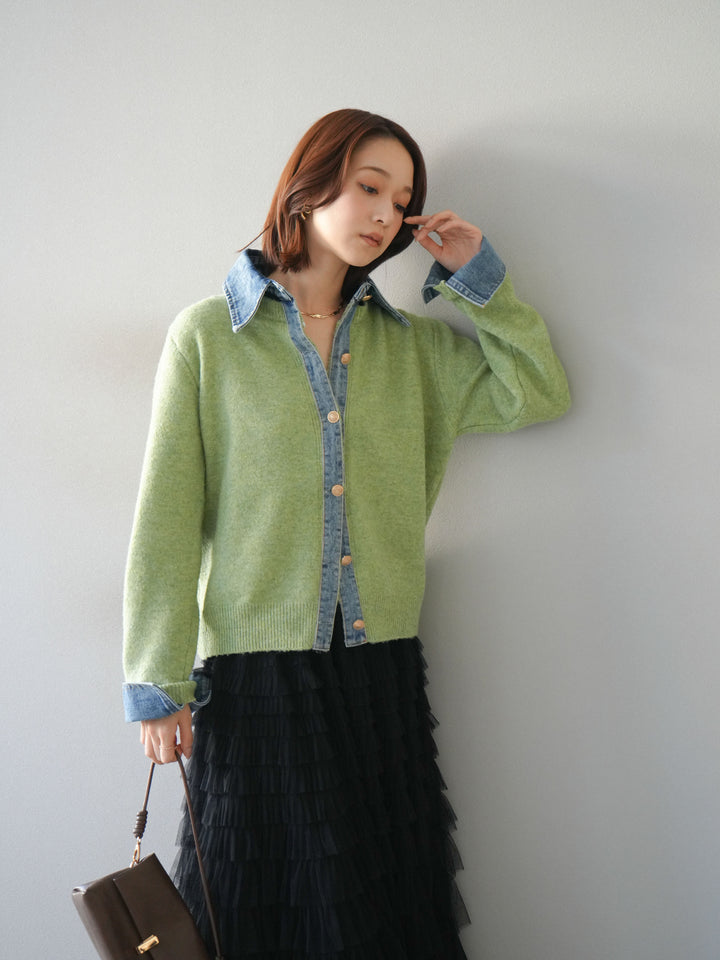 [予約]デニム襟ボタンニットカーディガン/pistachio