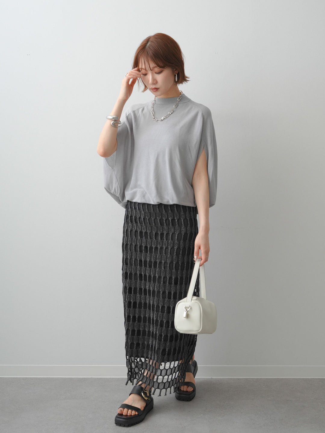 [SET]ボトルネックドロップショルダーニットトップス+スクエアメッシュニットIラインスカート
