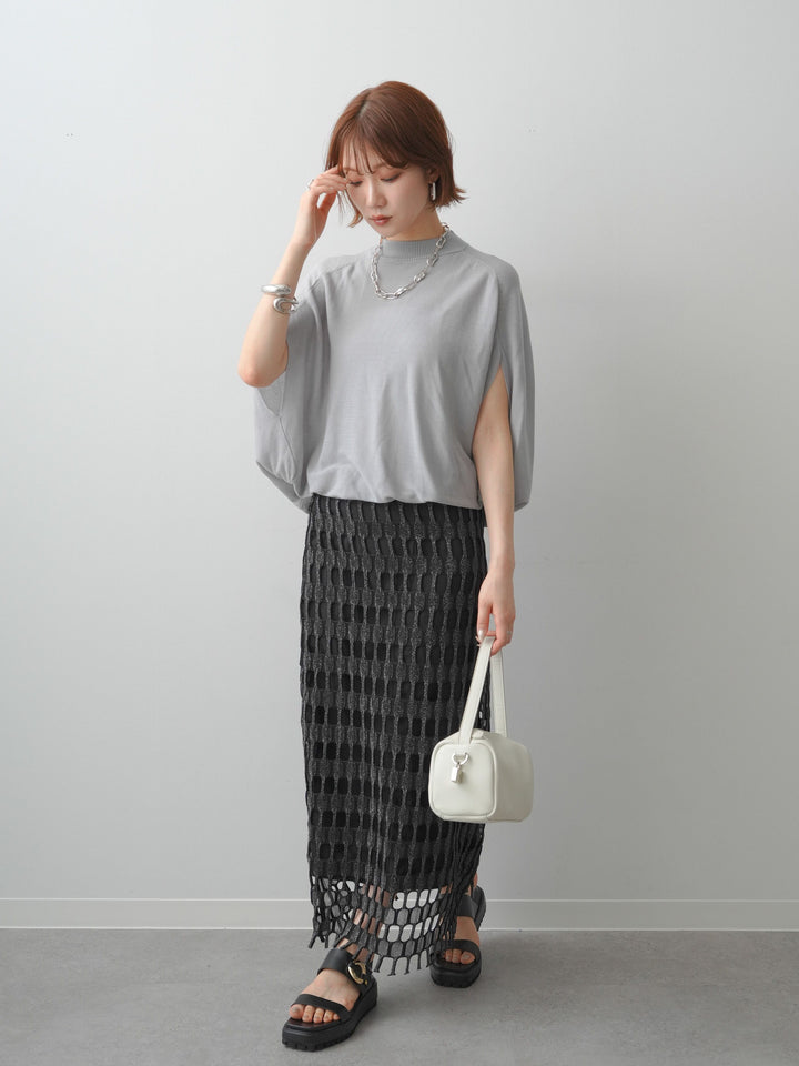 [SET]ボトルネックドロップショルダーニットトップス+スクエアメッシュニットIラインスカート