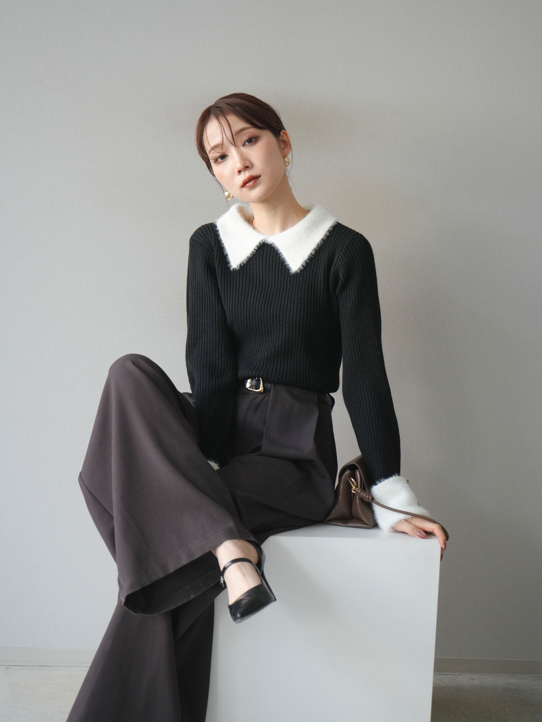 [SET]シャギー襟リブニットトップス+ベルトループデザインワイドパンツ(2set)