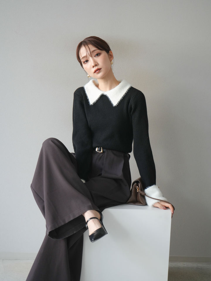 [SET]シャギー襟リブニットトップス+ベルトループデザインワイドパンツ(2set)