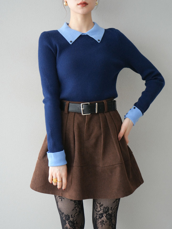 [予約]ニットカフス襟付き配色リブニットトップス/navy