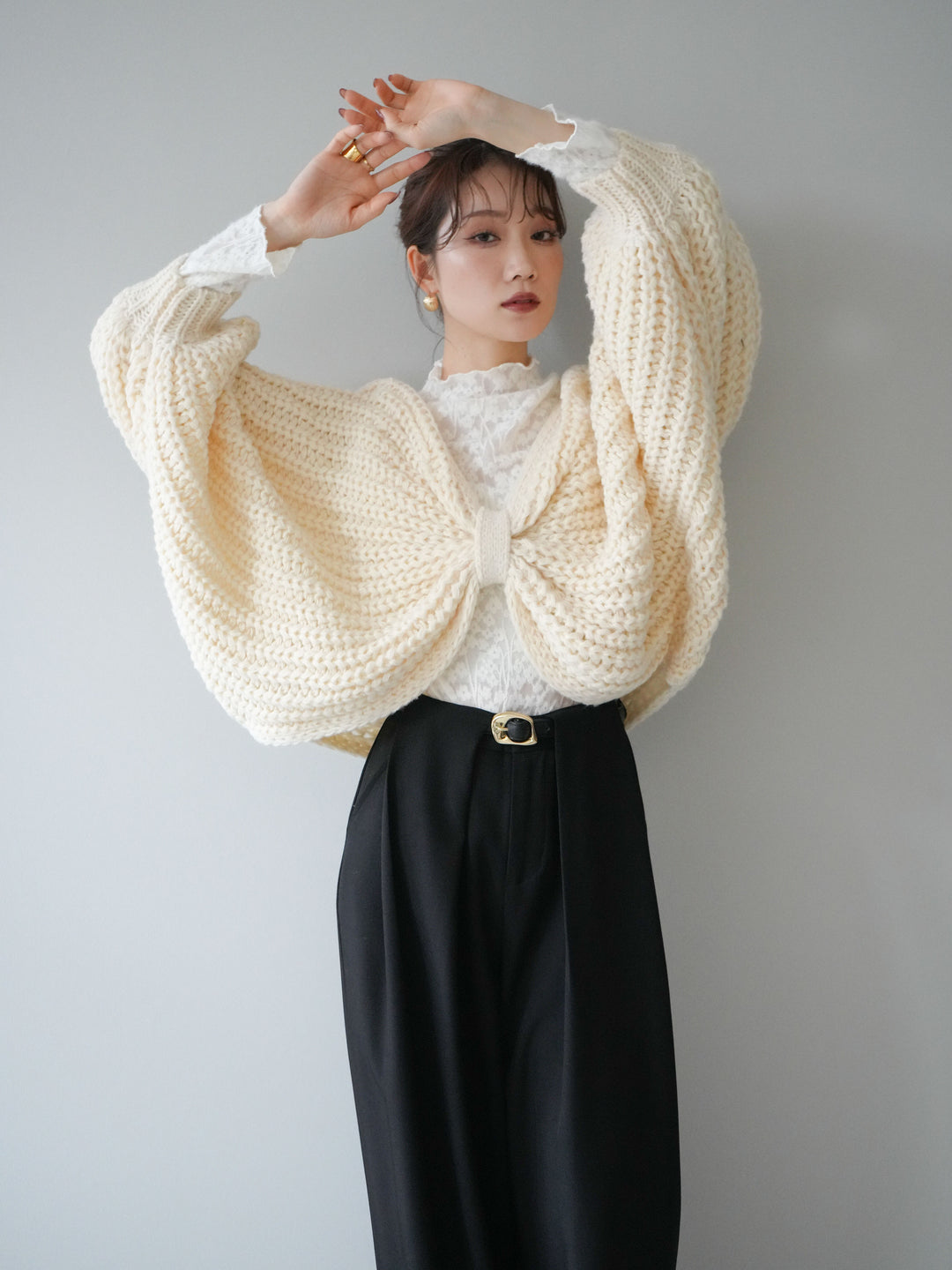 [SET]ローゲージ畦編みドルマンニットボレロ+起毛レースプチネックトップス+ベルトループデザインワイドパンツM(3set)