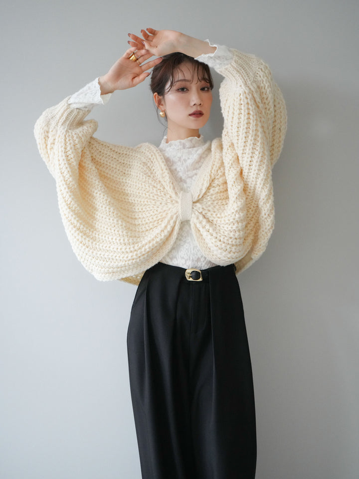 [SET]ローゲージ畦編みドルマンニットボレロ+起毛レースプチネックトップス+ベルトループデザインワイドパンツM(3set)