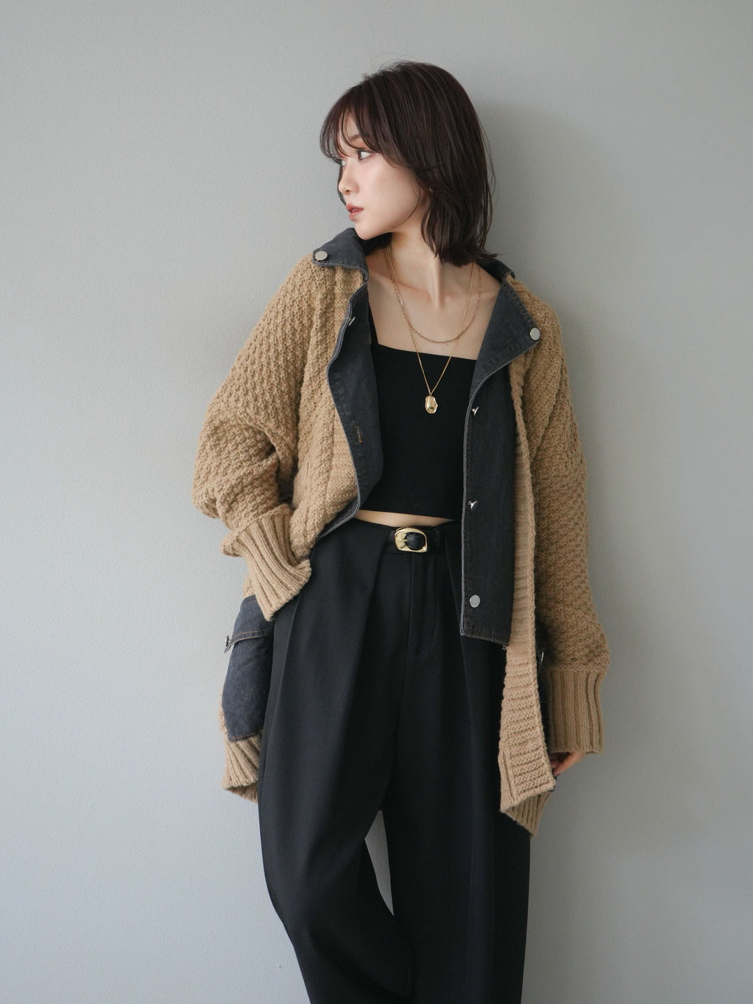 [SET]デニム襟レイヤードニットジャケット+デニム襟レイヤードニットジャケット(2set)