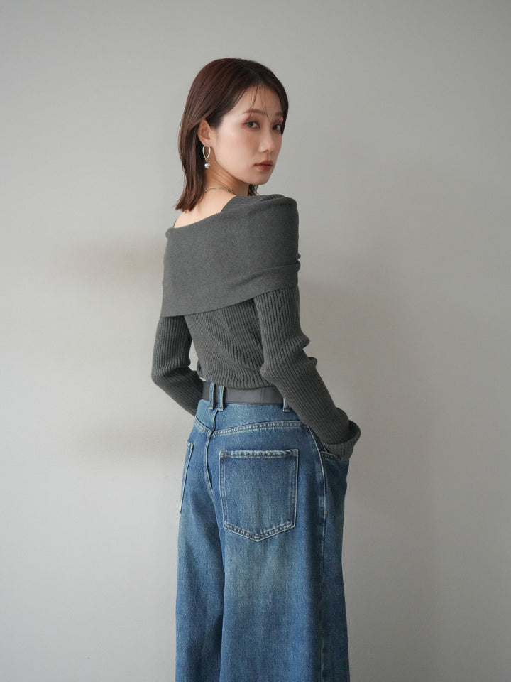 [予約]リボンモチーフオフショルリブニットトップス/gray