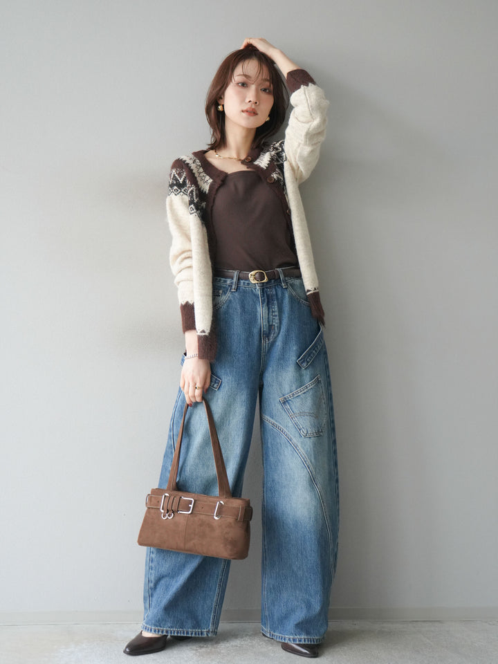 [SET]ノルディック柄ニットカーディガン+ペインターカーブデニムパンツ(2set)