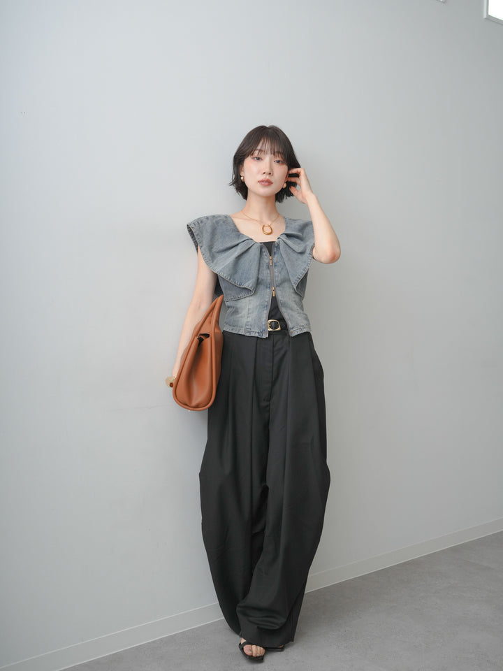 [SET]フロントジップフリルカラーデニムトップス+ショルダータックノースリーブオーバーTEE+ベルトループカーブタックワイドパンツ(3set)