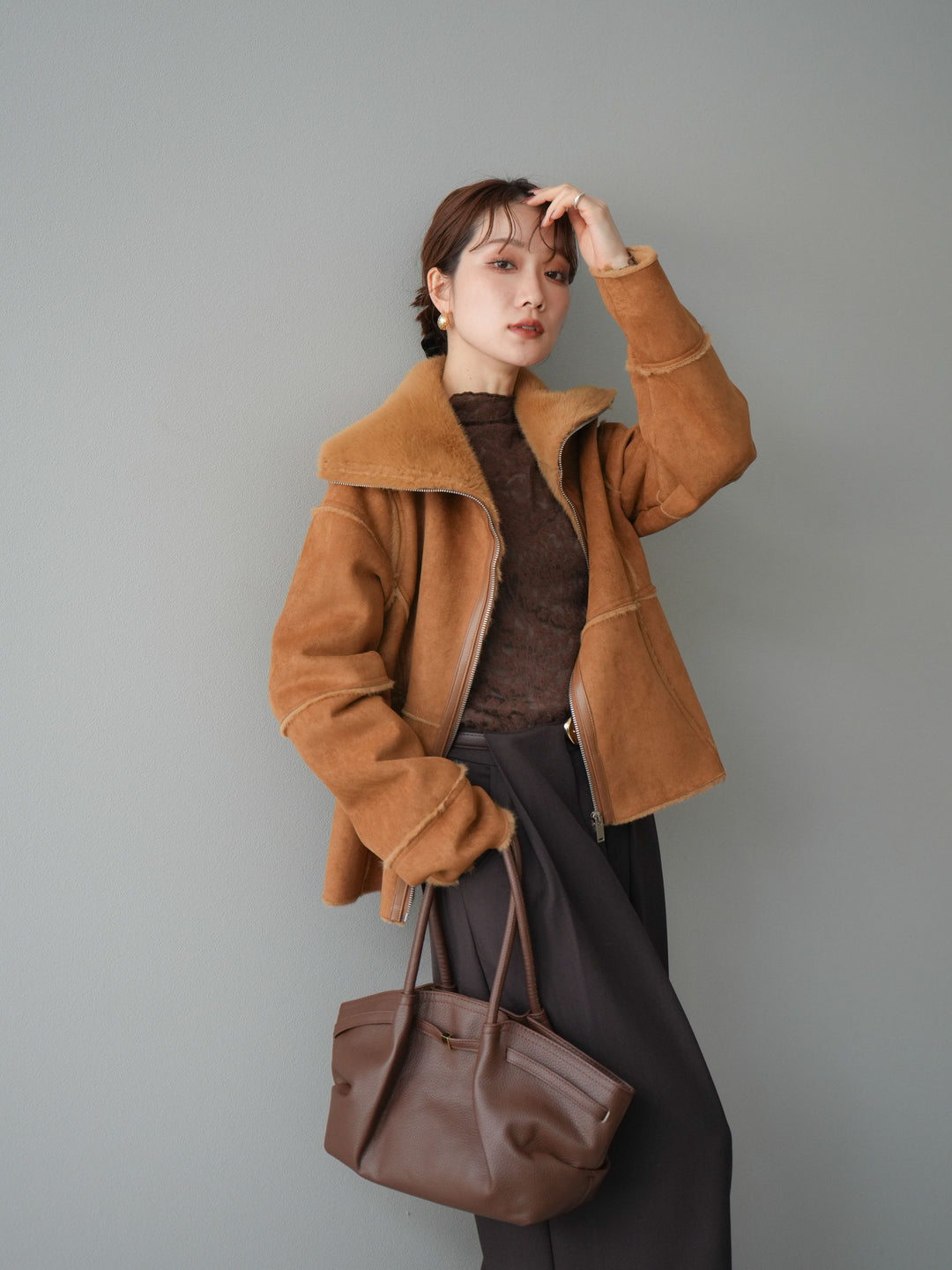 [予約]スタンドカラームートンZIPジャケット/camel