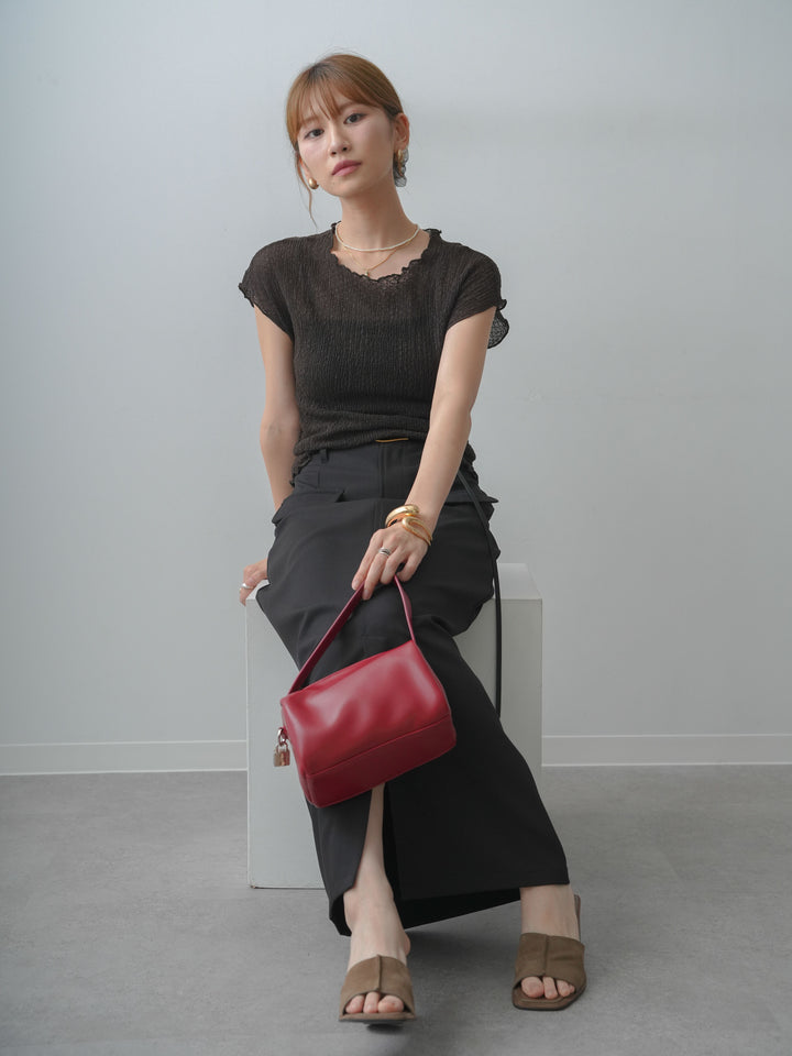 [SET]シャーリングシアーバックオープンフレンチトップス+クレープデシンフラップ付きストレートスカート(2set)