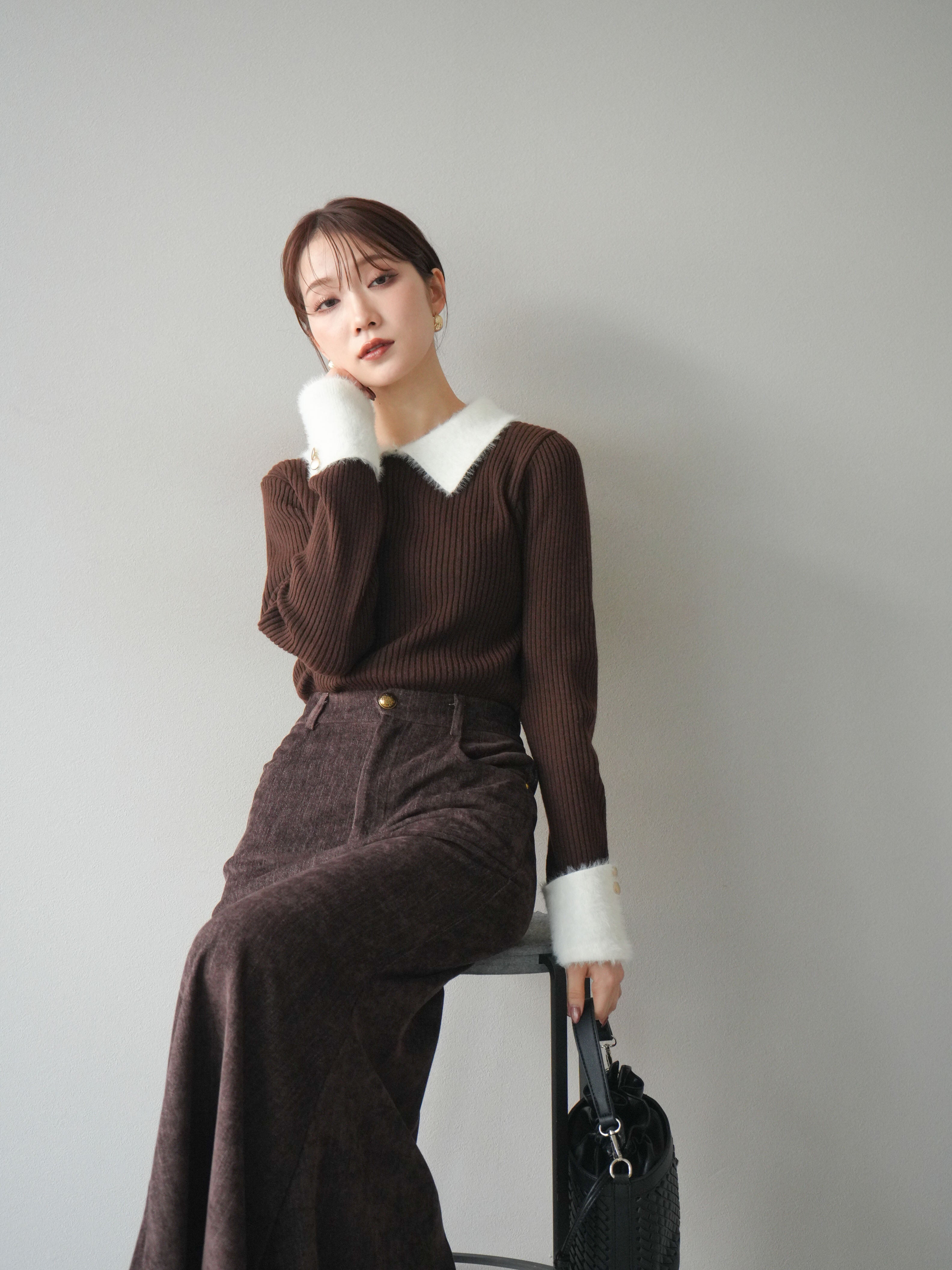 当時物1992☆EXTREME☆Ⅲ SIEDS TO EVERY 襟袖リブカット SET]シャギー襟リブニットトップス+ベルベットマーメイドスカート(2set