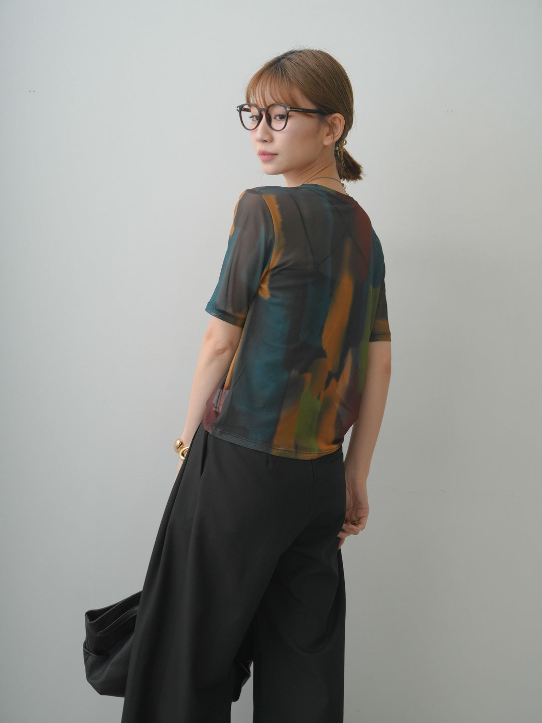 [SET]水彩アートシアーTシャツ+アシンメトリーベルトタックワイドパンツ(2set)