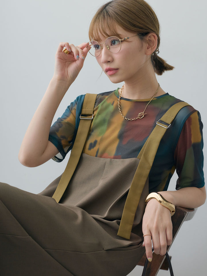 [SET]水彩アートシアーTシャツ+前後2wayドレープワイドオールインワン(2set)