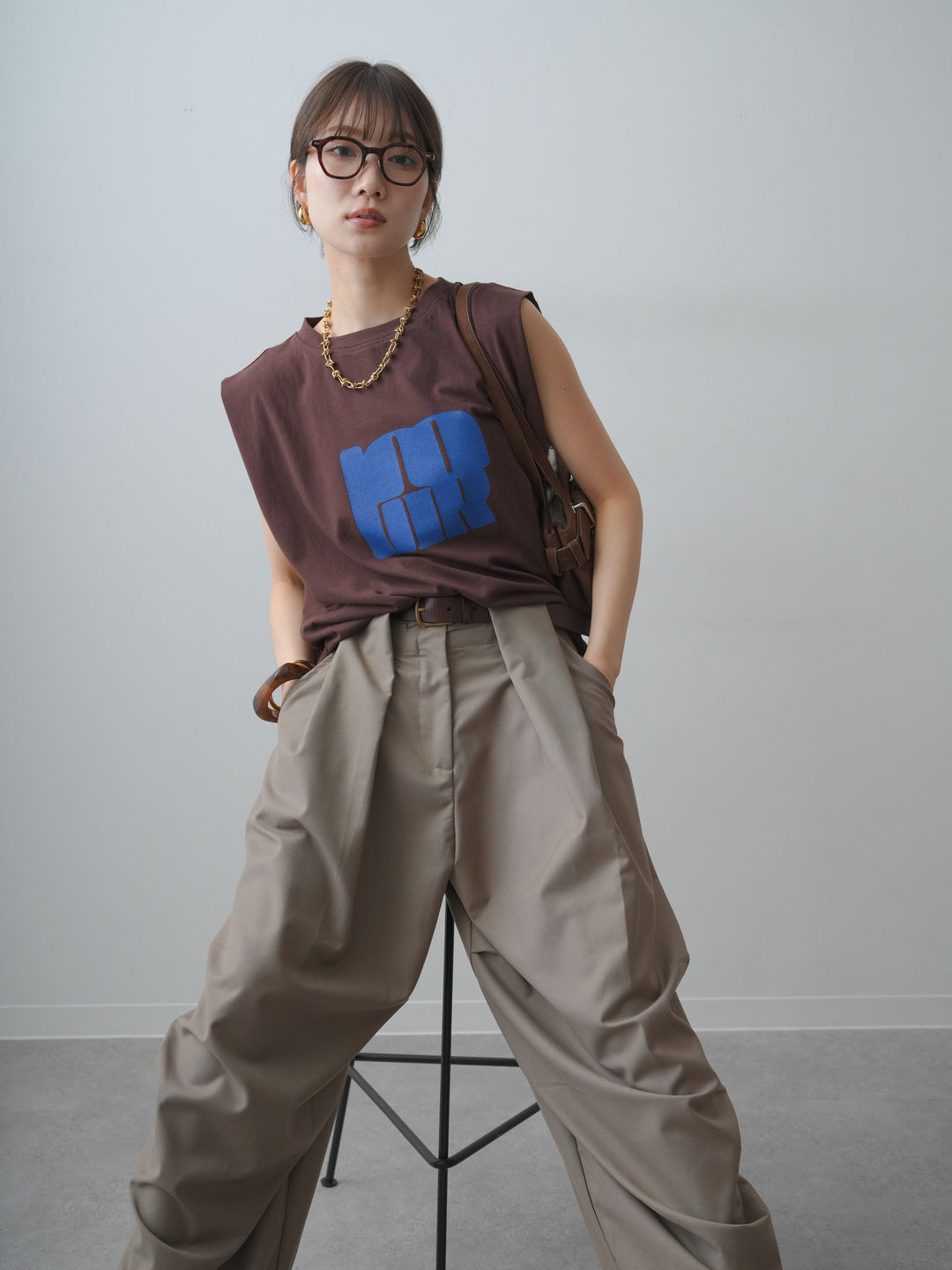 [SET]ワイドネックプリントTEE+ショルダータックノースリーブオーバーTEE(2set)